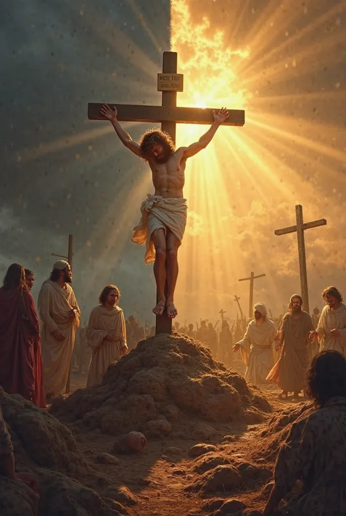 “A scene divided in half, contrasting two crucial moments in the life of Jesus Christ.  On the left side, Jesus crucified on Golgotha at dusk, with dark skies and heavy clouds.  His body is wounded , crowned with thorns , and there is sadness in the enviro...