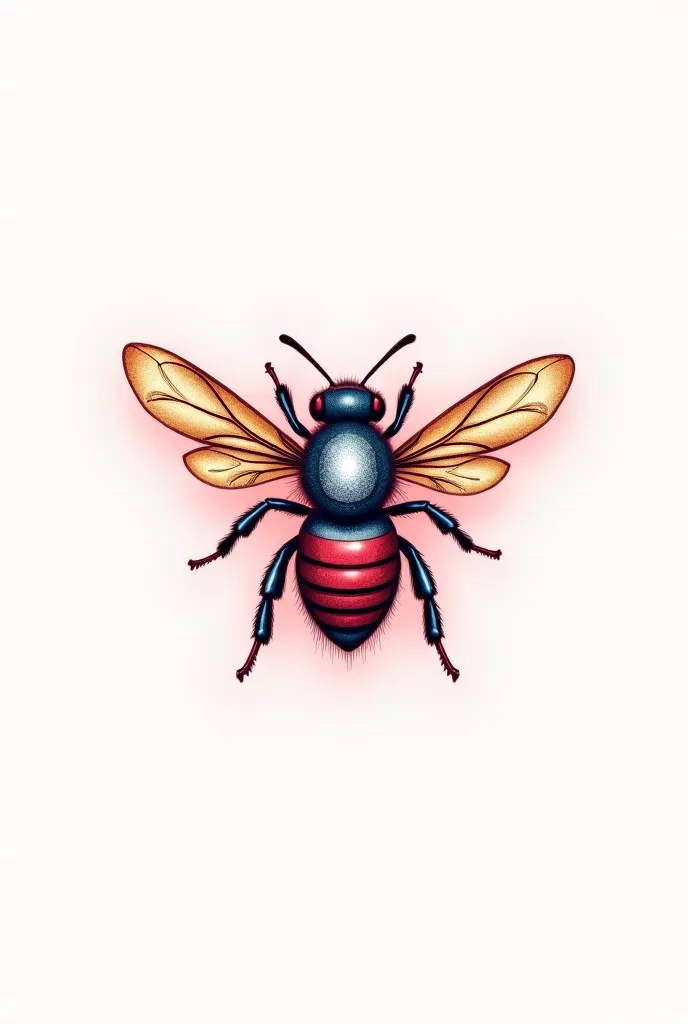 Create an image of a bee like drawing on its back with its wings open, similar to the bee in the middle of the image, with the colors blue, red and gold and with the white background for good quality Inter class t-shirt art without looking realistic. 