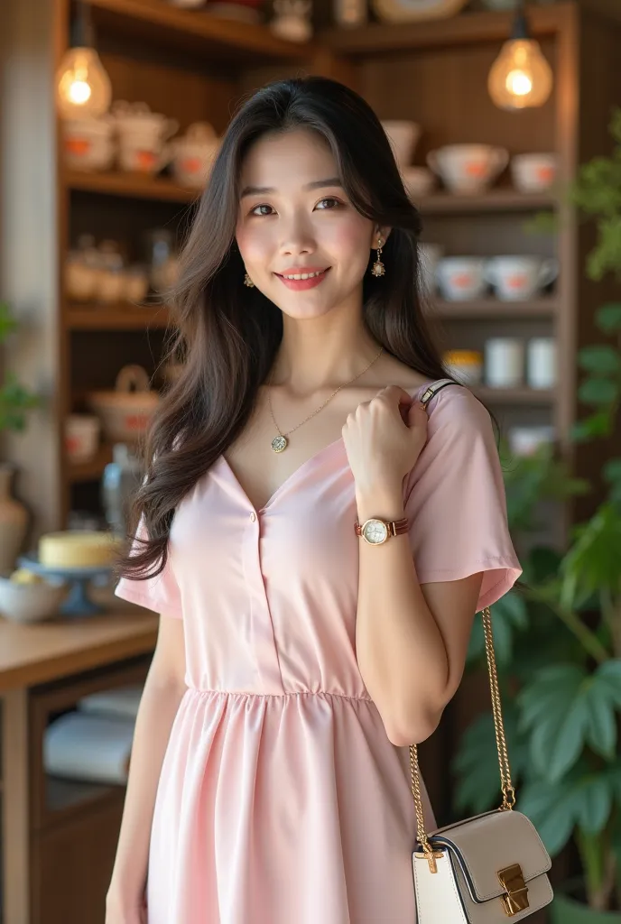 Full bodi  photography of a beautiful Asian woman wearing a knee-length pink  dress berlengan , white sneakers, long hair with bangs, a slightly chubby body, wearing a necklace, earrings, a watch, standing in a cake shop, wearing a small bag, looking focus...