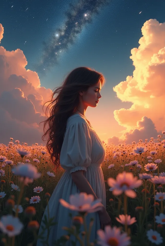 If this image were transformed into a realistic style, she would maintain her magical atmosphere, but with details closer to reality. The young woman would be in a vast field, covered by flowers that gently reflect the light of entry dusk. Her hair and clo...