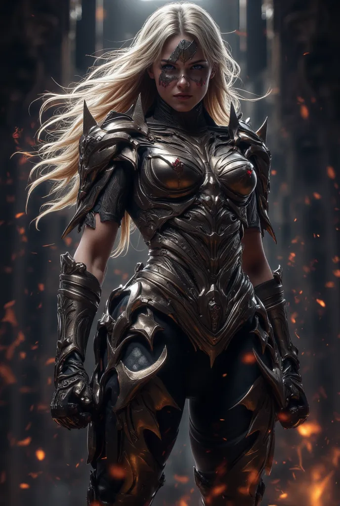 a woman, with an ideal body, blonde hair, wearing heavy armor in tiny underwear, has super saiyan strength, stands up and takes out all the strength from within her, dramatic lighting,