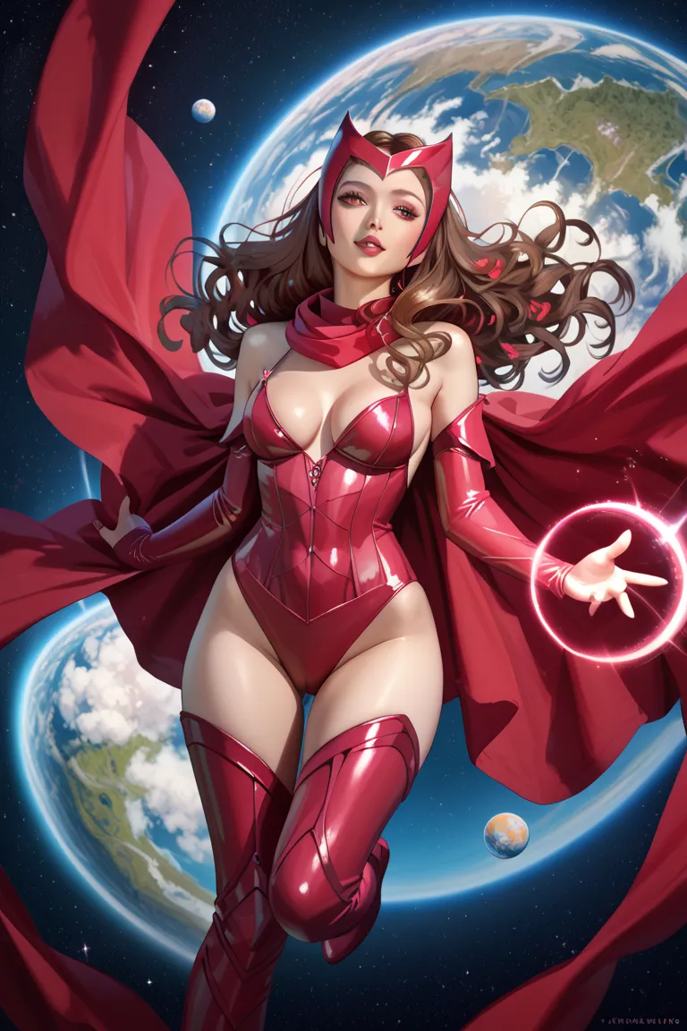 Nakano Nino Dressed as a sexy Scarlet Witch flying in space,