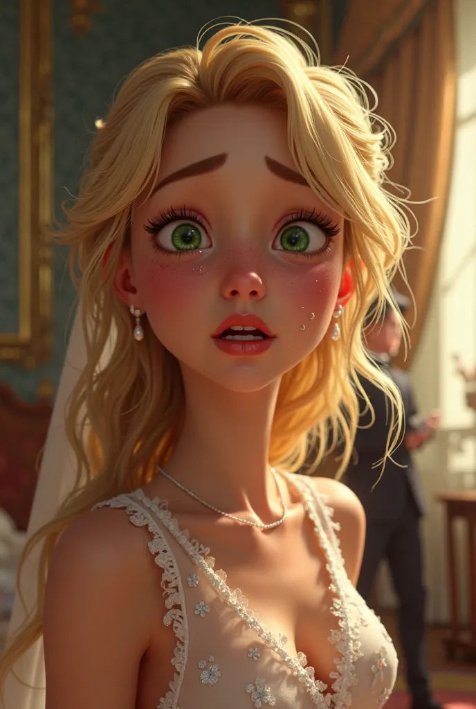 Emilyo is the blonde woman with green eyes that you saw a moment ago , somewhat animated but realistic cartoon, crying in the bride's suite, with the butler at her side giving her advice