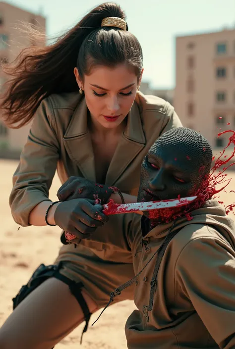 Realistic, A Very beautiful woman, cut throat a boy, boy full face mask close, neck bloody splash, neck slashed, throat contents, boy dead, woman knife, woman very thick hair, woman rich beauty, boy hoodie, woman kill boy, woman white dress, woman very big...