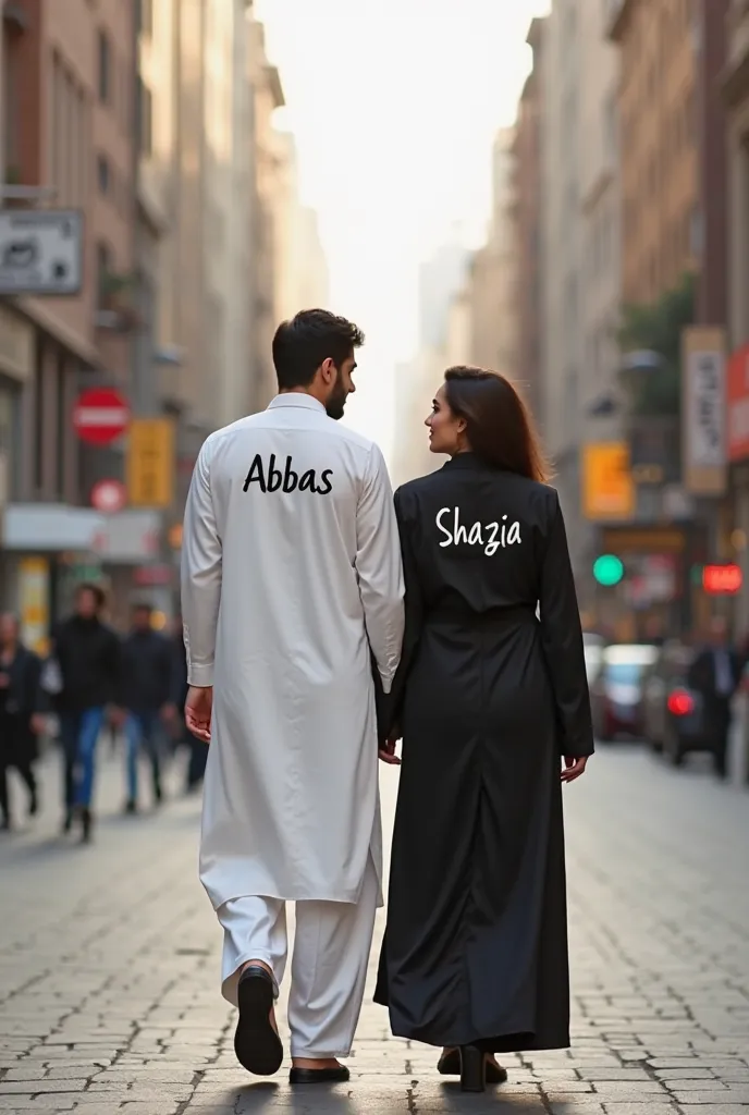 A 3d realistic 40 years old young cute afghani couple man is wearing white kameez with black waskatand write on the back said kameez "ABBAS" the women is wearing a black color kameez and white salwar and  write on the back said kameez "SHAZIA " both are go...