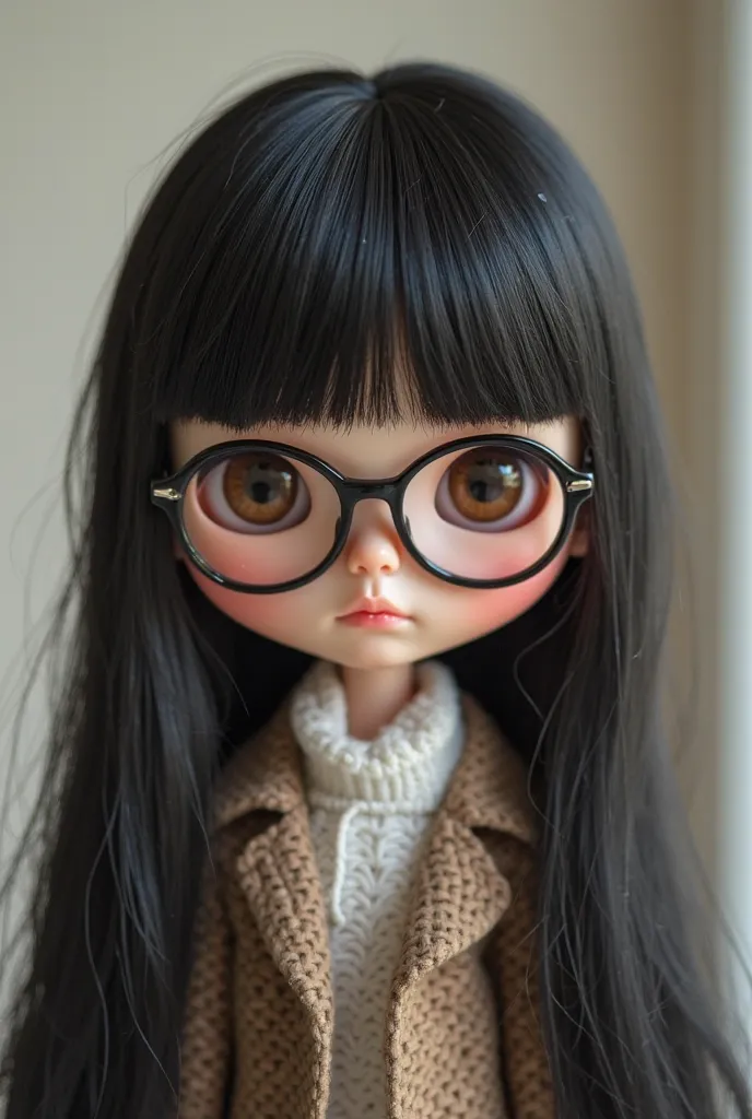 Blythe doll, cabello liso negro, Open fringe (Only on the sides), glasses,  brown eyes,  tender face