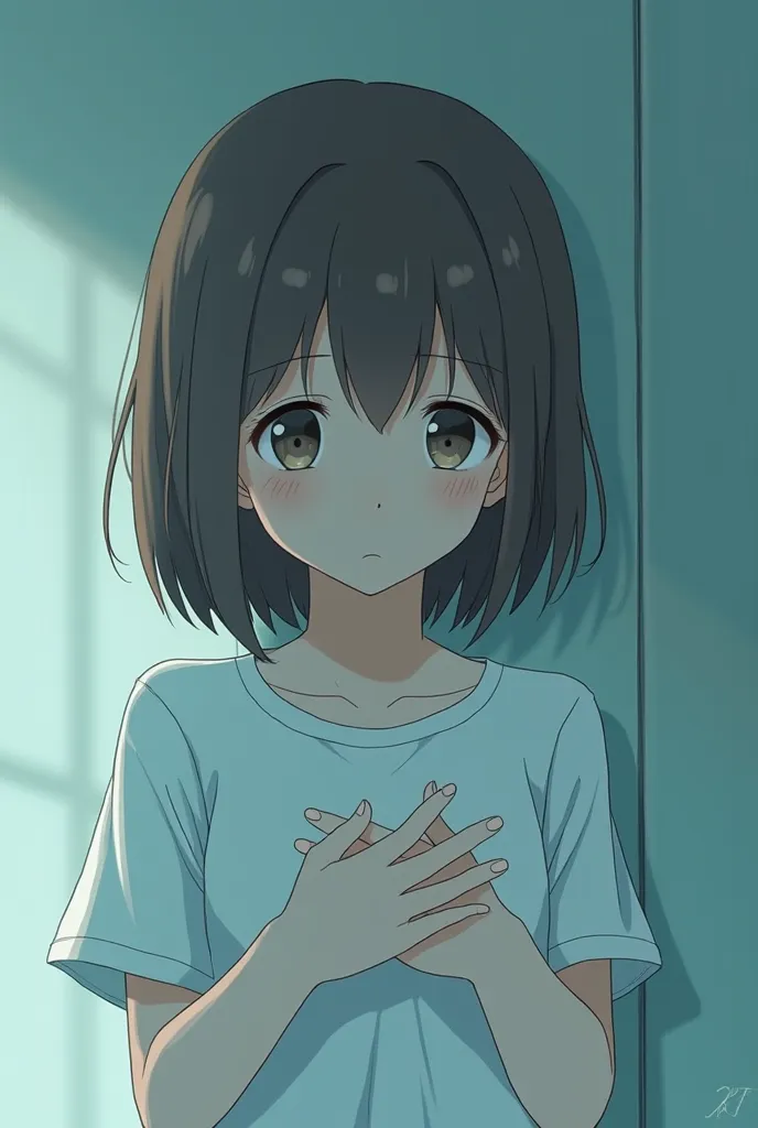 An 18-year-old brown-haired girl or Men covering her chest with a sad animated mint blue/anime 