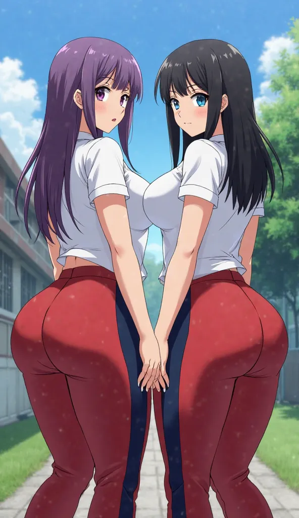 Anime Two sexy and voluptuous women posing sensually, one with violet hair and the other with black hair, wearing white short-sleeved t-shirts, collared shirts, big breasts, big buttocks, long red sweatpants with a dark blue stripe on the sides, in the sch...