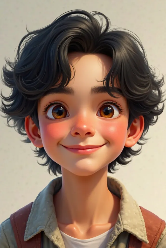 A realistic fair-skinned boy with round hazelnut eyes, Spanish, stylized body medium length wavy black hair 