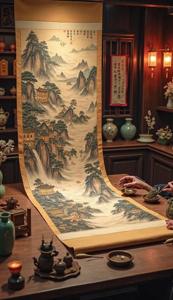 A cinematic and immersive depiction of ancient Chinese art, capturing the elegance and mastery of traditional brushwork. The scene showcases a grand scroll painting unfurled on an antique wooden table, featuring a breathtaking landscape of misty mountains,...