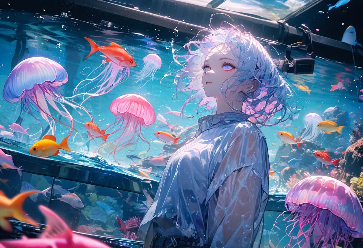 Jellyfish、光るJellyfish、  aquarium・景色が美しく映る, Space-colored eyes, in the water、  aquarium、 colorful fish making their way through the water、Strong man、Light blue transparent hair color、 beautiful color、 neon color、quality,top-quality real texture skin,surreal...