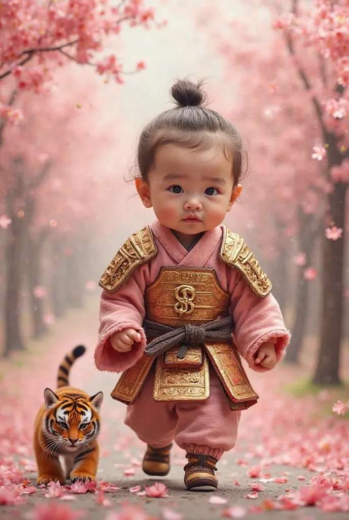 A baby cute face dressed in a samurai-inspired outfit, made of delicate sakura petals and golden armor. The baby walks through a floating sakura garden, while a miniature cherry blossom tiger follows closely. Realistic 