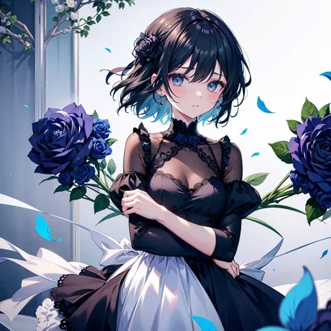 black dress、 sad face、 girl、White Rose、 blue rose 、 holding a bouquet of flowers、Green background、short hair、narrow eyes、upper body