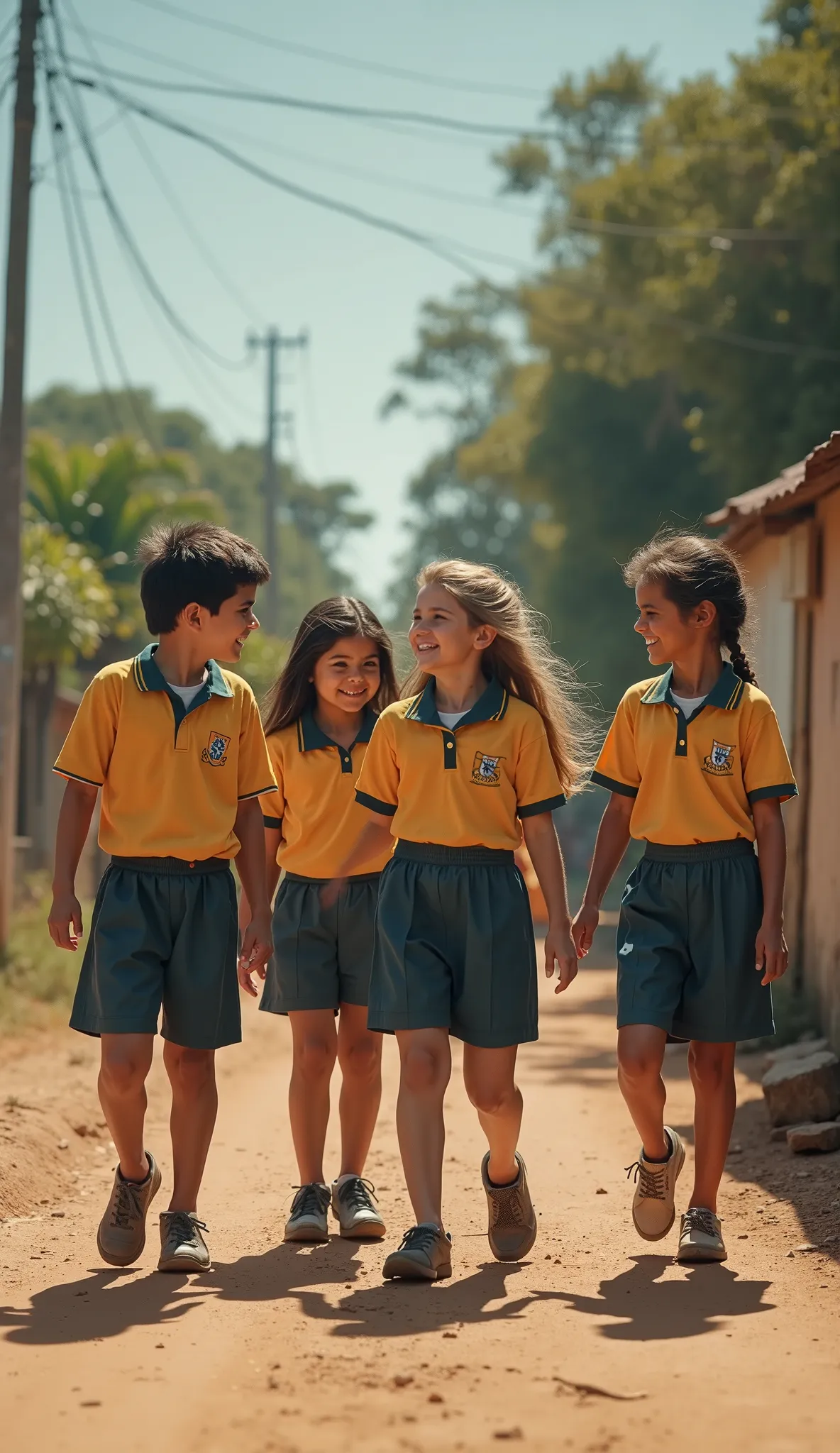  Create an ultra realistic image , I&#39;m 8k, From the year 1980, with fourth grade students, dressed in uniforms of the time going to school walking and talking to two boys and two s, walking on a dirt floor, showing the adversity of living in the past i...