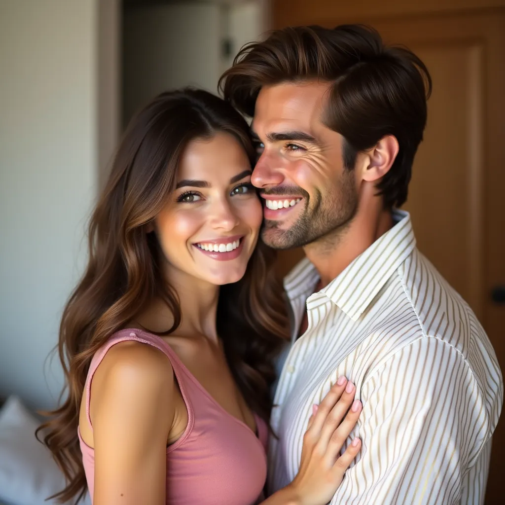 Cuddled couple smiling in a bedroom standing by her looking straight ahead smiling and he kissing her neck , where the woman wears a pink top ,Have long brown hair and black eyes and the man has brown hair and green eyes and a white gold-striped shirt 