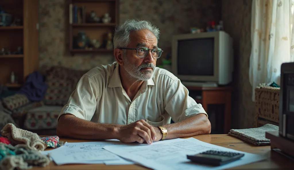 "A middle-aged Bangladeshi man (Rafiq) sitting at home, deep in thought. His face looks determined but slightly worried. On the table in front of him, there are business plans, some fabric samples, and a calculator. In the background, his modest living roo...