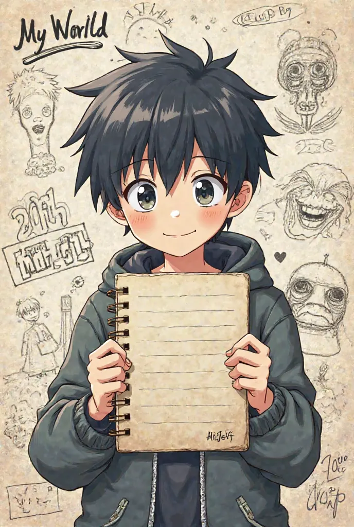 Book cover with the title MyWorld HiJeff 
With a dark-haired boy on the anime-style cover holding a notebook in the background with a bunch of drawings, doodles and drafts, as if it were a sheet of paper as a background. 