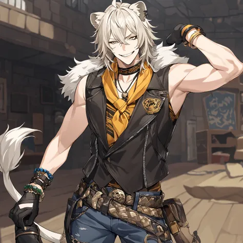 Twin anime boys with sharp white eyes, white hair, white lion ears, animal ears, remove human ears, Solo, Looking at viewer, has a white lion tail, smug smile, Savanna clothing, full body, the most distinguishing features being his dark-brown chaps and bel...