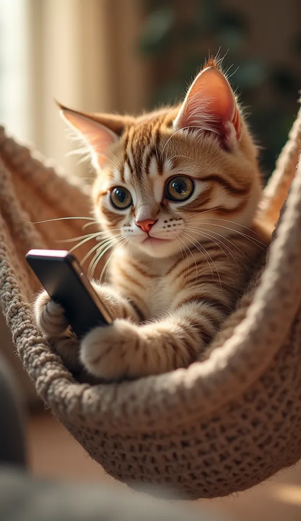 "A realistic and detailed cat, with soft fur and expressive eyes, lying in a hammock, holding a smartphone with one paw while appearing to speak, with a cozy living room background, illuminated by soft natural light."