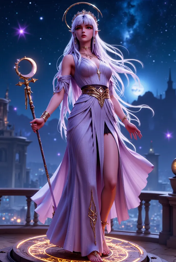 A breathtakingly beautiful celestial witch stands atop an ancient observatory, her shimmering gown reflecting the constellations above. Her long, flowing silver hair drifts weightlessly, as though caught in an eternal breeze, framing her delicate yet deter...