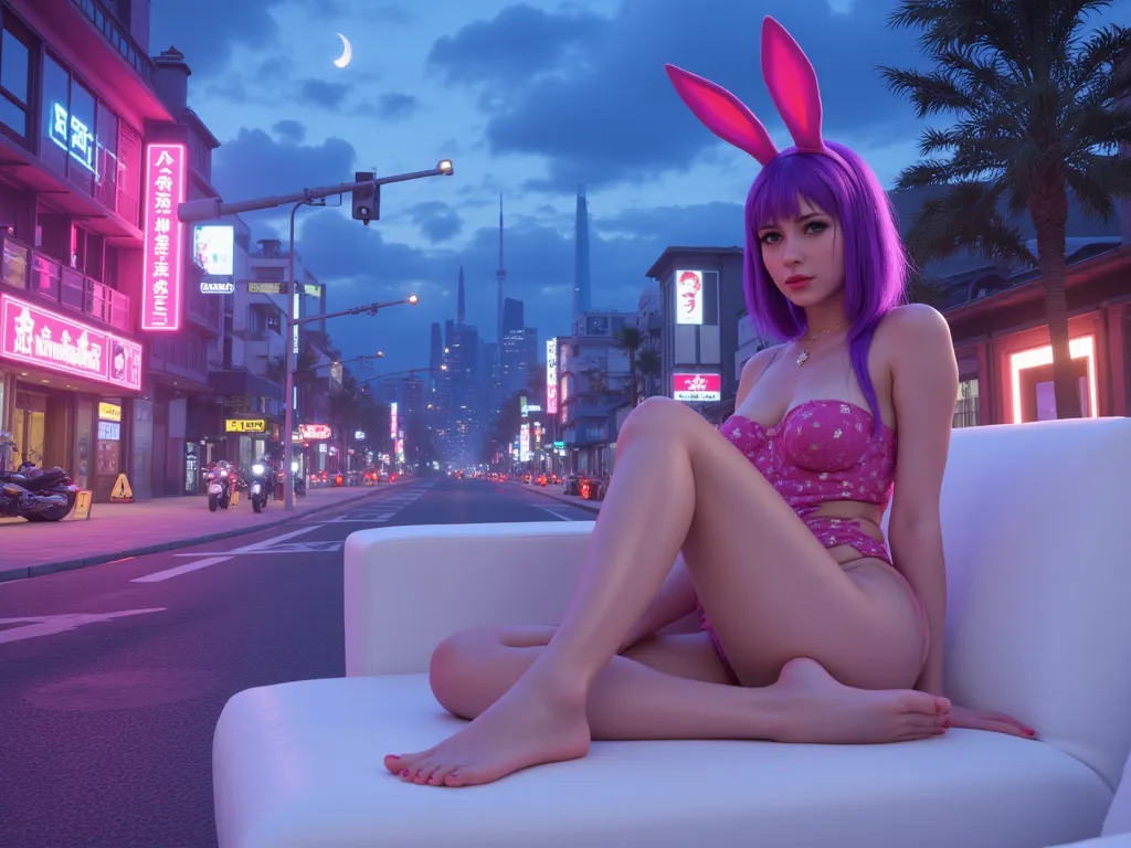  Bunnygirl púrpura sofá blanco neon lights y fosforescentes ciudad cyberpunk edificios suburbio cielo nocturno con nubes, street with water , technological architecture,  Sci-Fi style , neon lights, motorcycles High resolution , masterpiece, Detail, the be...