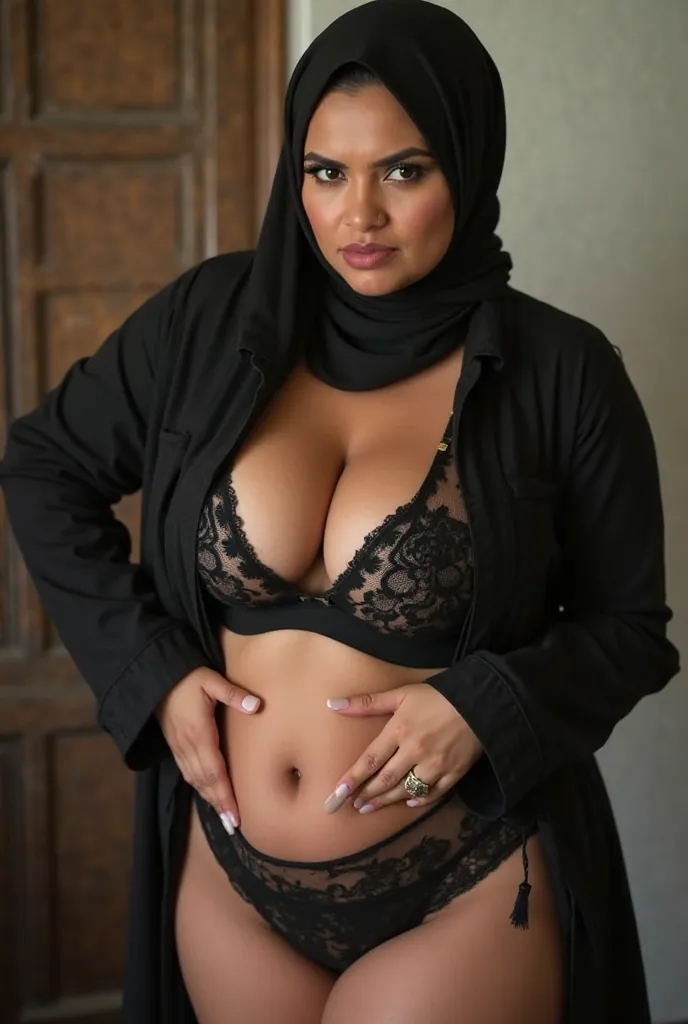 Malay woman, wearing hijab, wearing panties only, 30 years old, busty, huge breast, exposed breast, 38 G size breast, no bra, see-through panties, black lacy panties, angry expression, fit curvy body, plus size, wedding ring on finger, thick thighs, full l...