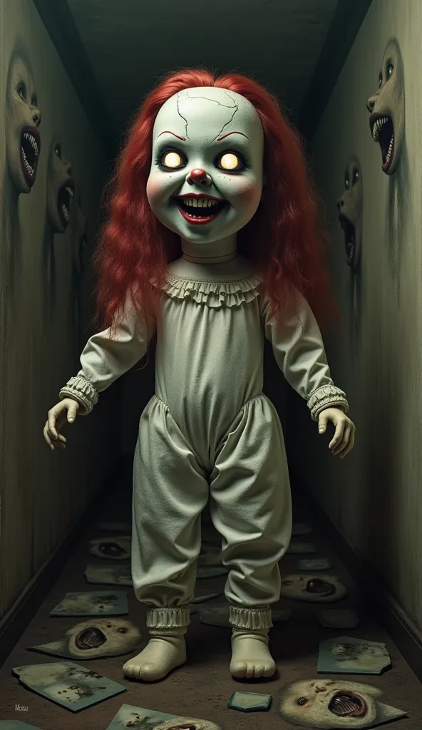 A large porcelain doll, its face cracked, its empty eyes glowing in the darkness. Its mouth is twisted into a wide smile, and its hair is long and red and disheveled, almost inhuman. Its arms are stretched out, as if pulled by invisible strings. Behind it,...