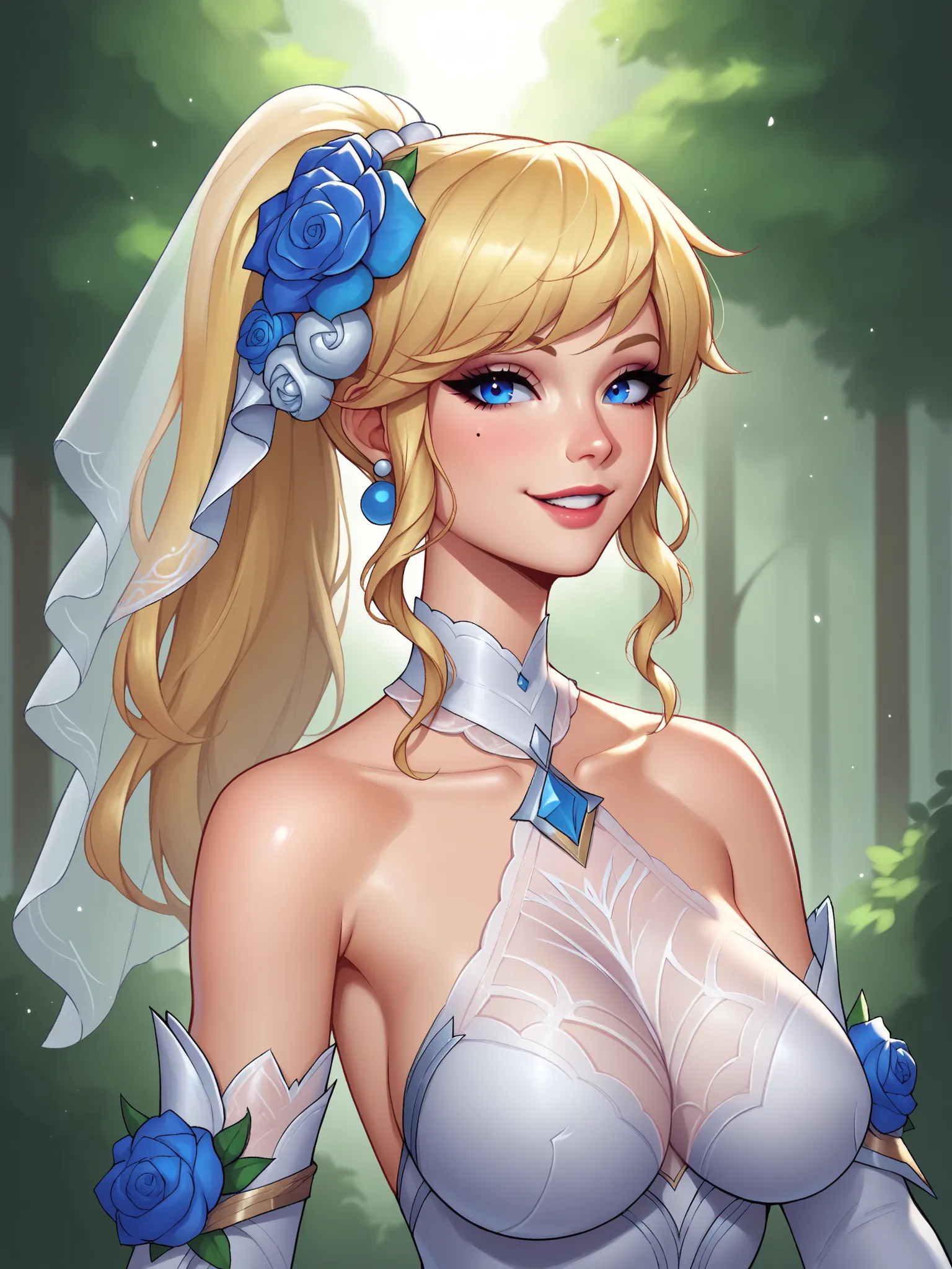 score_9, score_8_up, score_7_up, score_6_up, score_5_up, score_4_up, LuxCRLOLXL, blue eyes, blonde hair, ponytail, sidelocks, bangs, hair ornament, hair flower, veil, big breasts, dress flower, bare shoulders, white dress, white elbow gloves, solo, front v...