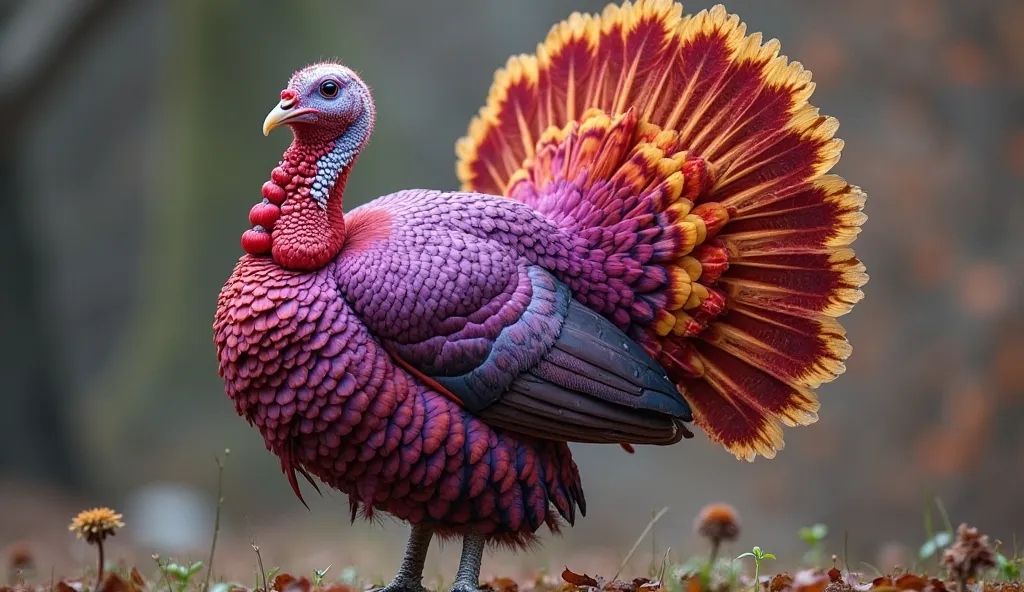 A brightly colored turkey with its feathers magnificently spread. For instance, feathers in shades of purple, red, and golden hues. Its posture is proud and majestic, with its head held slightly upward. The legs are slender, and the feathers detailed to mi...