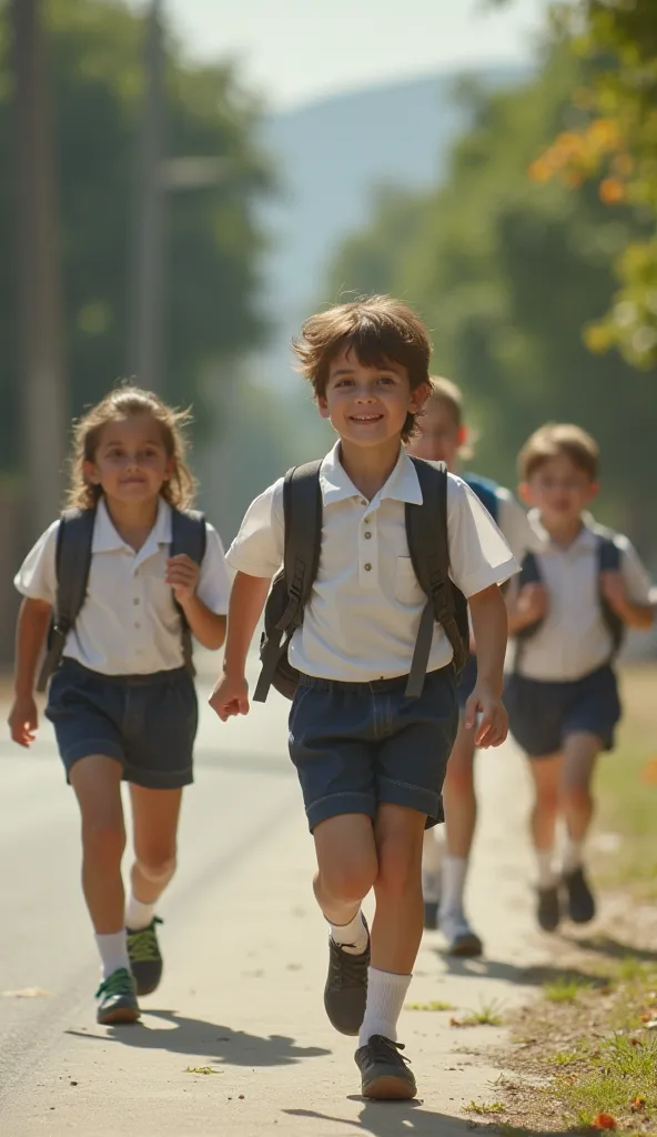  Create an ultra realistic image , I&#39;m 8k, From the year 1980, with fourth grade students, dressed in uniforms of the time, white shirt and shorts, backpack, running, Playing on the way, one of them with a ball, running enquanto oa outros correm atraz ...