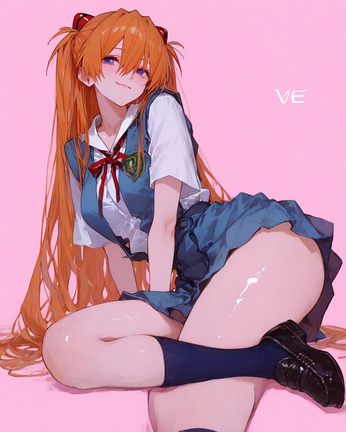    masterpiece, top quality,       vibrant,latest,  graphic anime style、Neon Genesis Evangelion、         Female 1、 、Su Long Aska Langley 、  Orange Hair、      blue eyes、     medium breasts、school uniform、Light blue uniform、red ribbon、  Skirt、     socks、loaf...