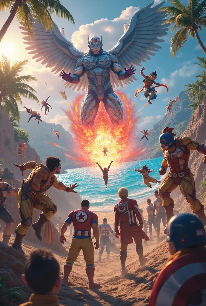 The Avengers fighting Dragon Ball Z characters in Hawaii