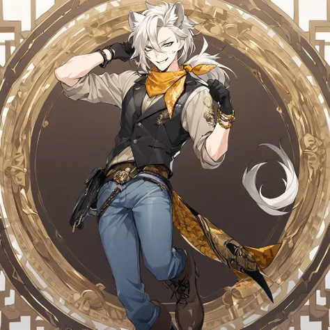 Twin anime boys with sharp white eyes, white hair, white lion ears, animal ears, remove human ears, Solo, Looking at viewer, has a white lion tail, smug smile, Savanna clothing, full body, the most distinguishing features being his dark-brown chaps and bel...