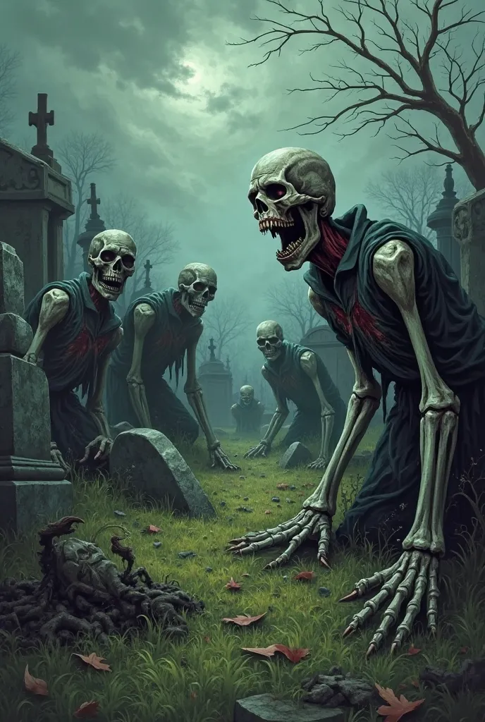 Zombie coming out of their graves in a 2d cemetery