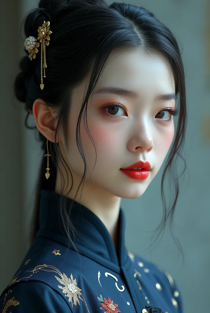 face：Her face looks like an ancient Chinese beauty，The skin is as delicate as porcelain，The eyebrows are beautiful，Red lips slightly opened，Cheekbones are slightly higher，exudes gentle oriental beauty。She probably wears a beautiful hair accessory，like a go...