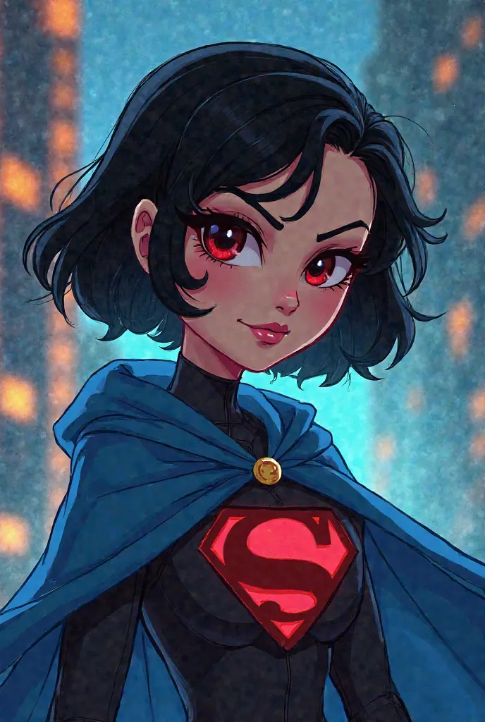 Take a photo of me for a cartoon 
So 
A female superhero with short black hair, black eyes, a blue cape, she floats and has demonic powers, but she's still good, and her power is to have supernatural strength and chase villains around the city, but when sh...