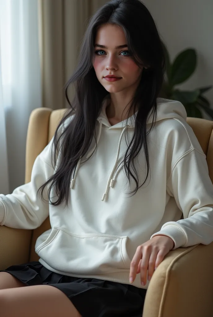 Create me a 16-year-old photorealistic girl sitting on the armchair. She has long black hair up to her hips and blue eyes and is wearing a white hoodie and black skirt. She should have big breasts . It should look as if she came from Germany , the picture ...