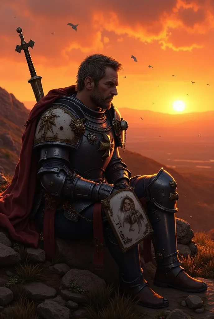 The knight, now without his coat of arms, he is sitting on a hill watching the sunset. His sword rests at his side, and his expression shows an internal conflict. The hermit's words echo in his mind, and he is holding a medallion with the image of his fami...