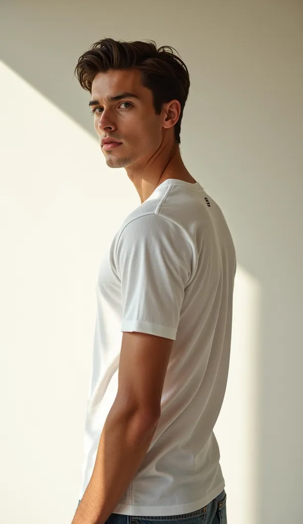 Create a fashion photoshoot image of a male model wearing a white plain short sleeve tee with a back look book feel