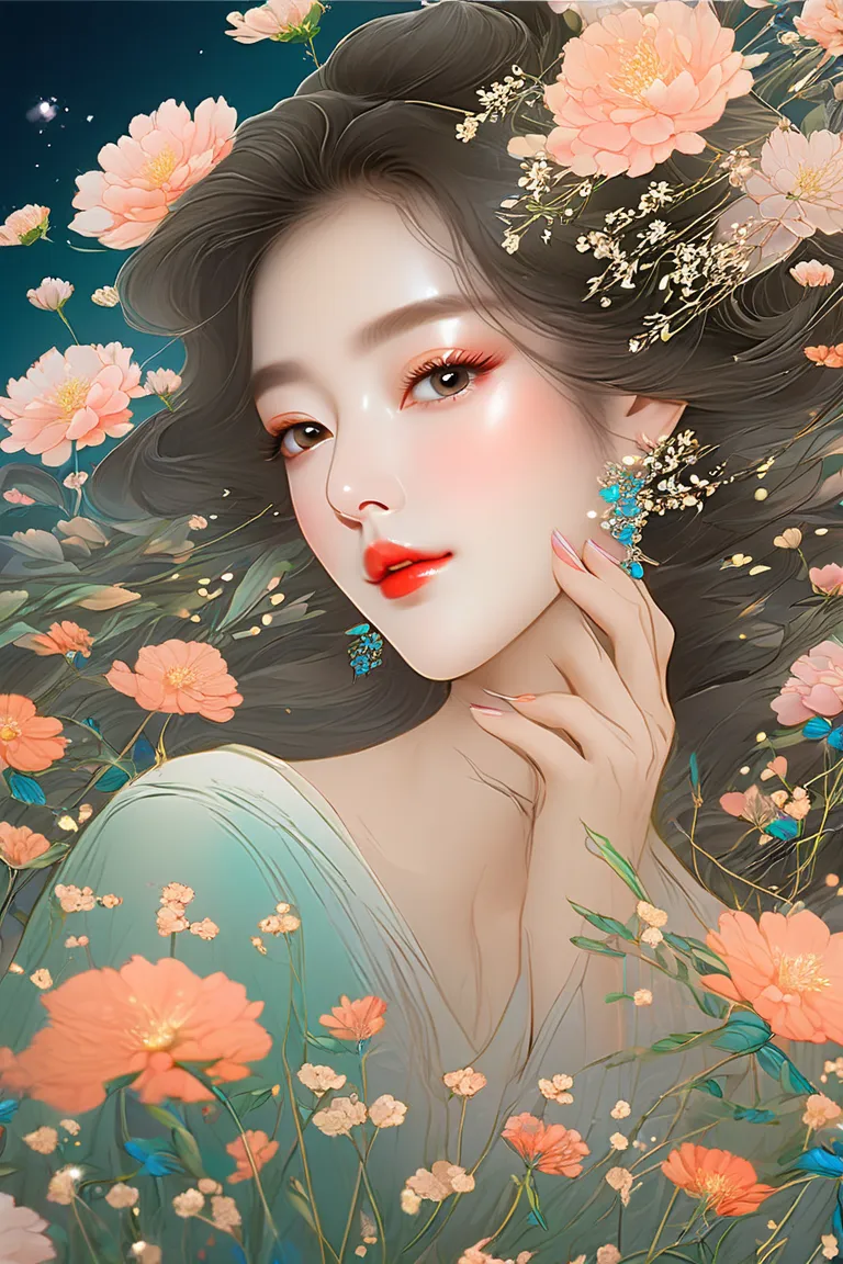 Masterpiece High resolution Beautiful girl profile Transparent flowers close to face with both hands Fantastic flower field Night Korean style makeup Mature Older sister Eye makeup