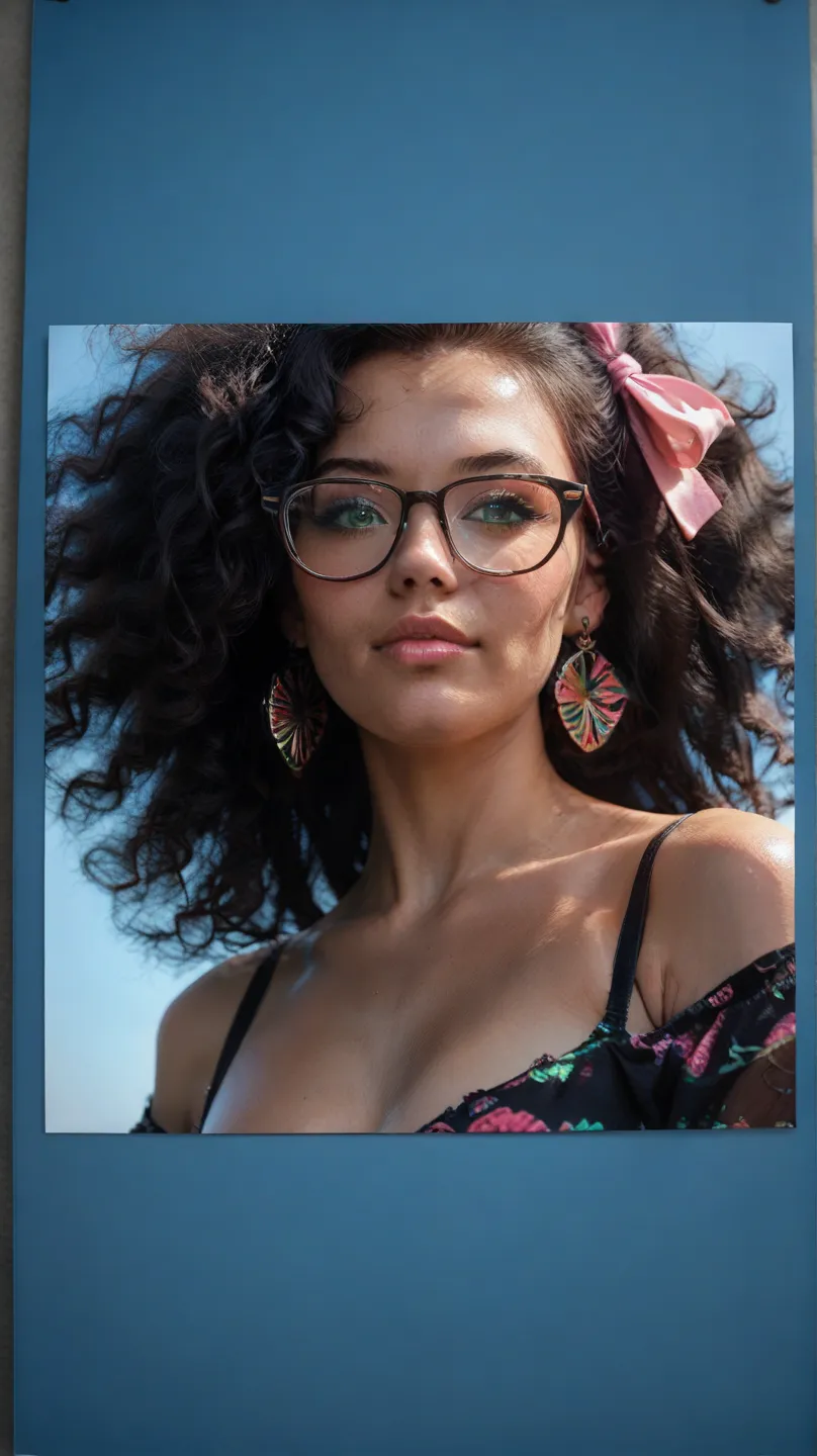 1girl, Solo, Long Hair, Looking at viewer, green eyes, glasses, big hair ribbon, pink ribbon, strap shirt, bare shoulder, view from below, shiny skin, light skin, big circle earrings, Realistic, Photo by DSLR Sony, Cinematic Shot, Cinematic light