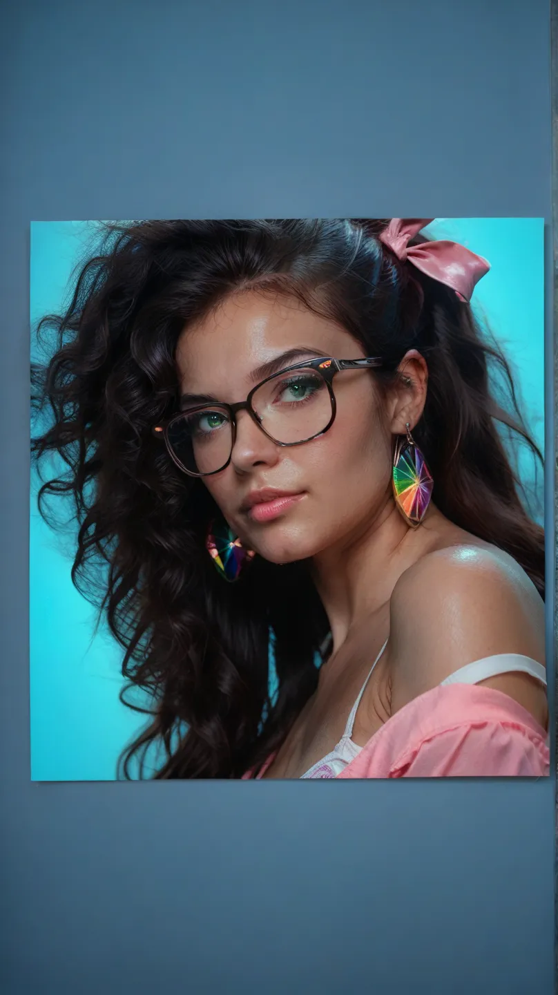 1girl, Solo, Long Hair, Looking at viewer, green eyes, glasses, big hair ribbon, pink ribbon, strap shirt, bare shoulder, view from below, shiny skin, light skin, big circle earrings, Realistic, Photo by DSLR Sony, Cinematic Shot, Cinematic light