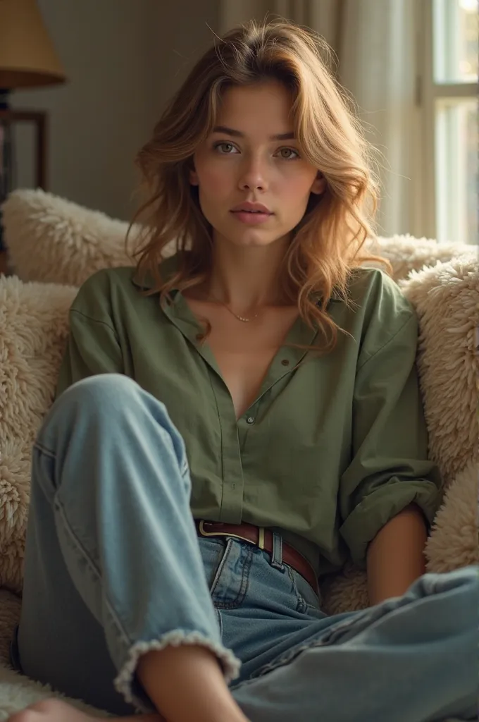 light brown girl sitting on a cozy sofa, legs crossed, soft light, has light brown eyes, light brown hair, with jeans and a green blouse