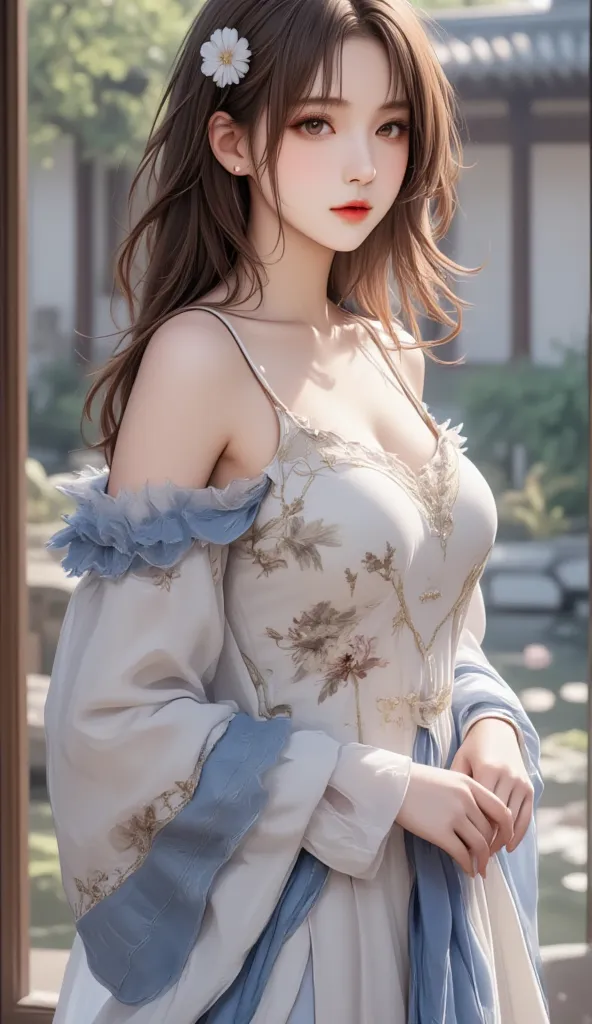  Chinese style，25 years old Asian beauty，beautiful hanfu(Low Bust Design)，Full breasts，blue and white gradient long hair waist，Long legs， slim waist ，beautiful classical courtyard scene(Carved mahogany window/Lotus pond/mist)，full-body photo center composi...