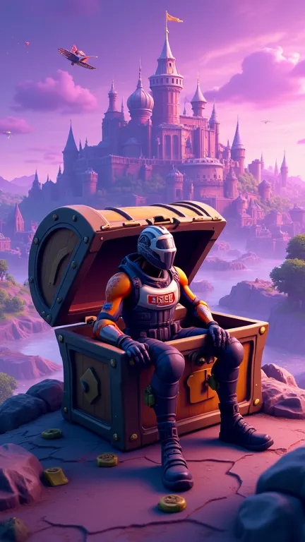 Create a mobile wallpaper with a purple background with the Fortnite logo on it and a map of the game in high relief in the background, a character in the background sitting in a Fortnite chest 