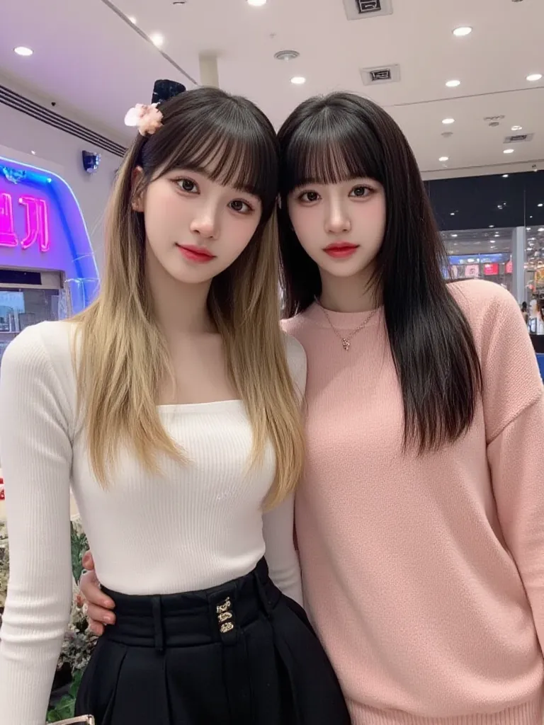 A kpop girl, korean, long black hair with blonde highlights, pretty, unique, visual, perfect symmetrical face, gorgeous, casual instagram post, cute, in korea, trendy, at a mall with her friend that has strawberry blonde hair (her face isn’t showing) (she ...