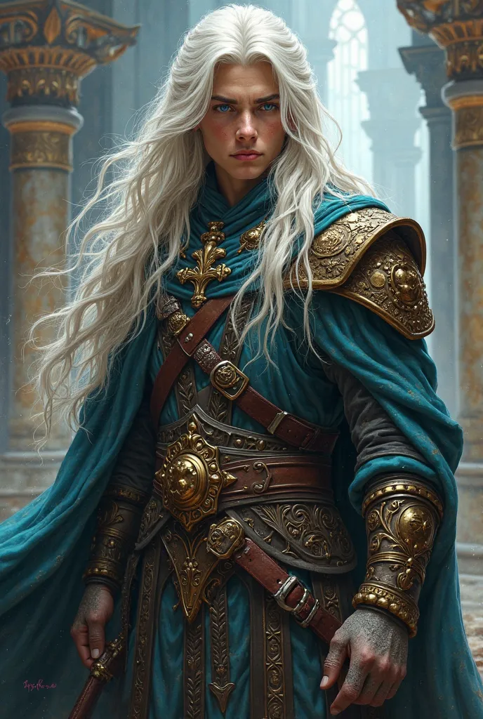 A young bard with white hair and blue eyes, Tall and strong,  full body
