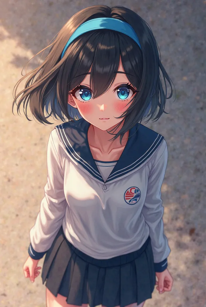 Ruka Sarashina, short hair, blows, black hair, Love,  blue eyes , hair Love, diadema,  blue headband ,
skirt, shirt, mangas largas, sports uniform, BarcelonaBarcelona shirt, pleated skirt, black skirt, 
instead of , fiesta, , blush, 
looking at the spectat...