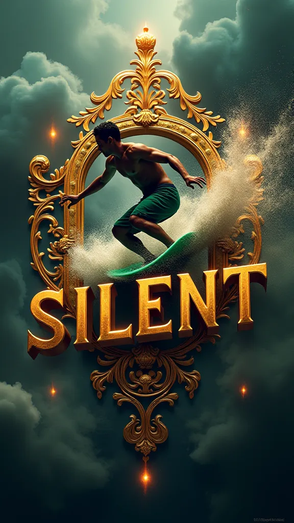 Create a 3d logo with the name Silent in gold color, used the theme a guy surfing combined with Saudi flags, use a royal royal background with smoke and storm and fire effect 