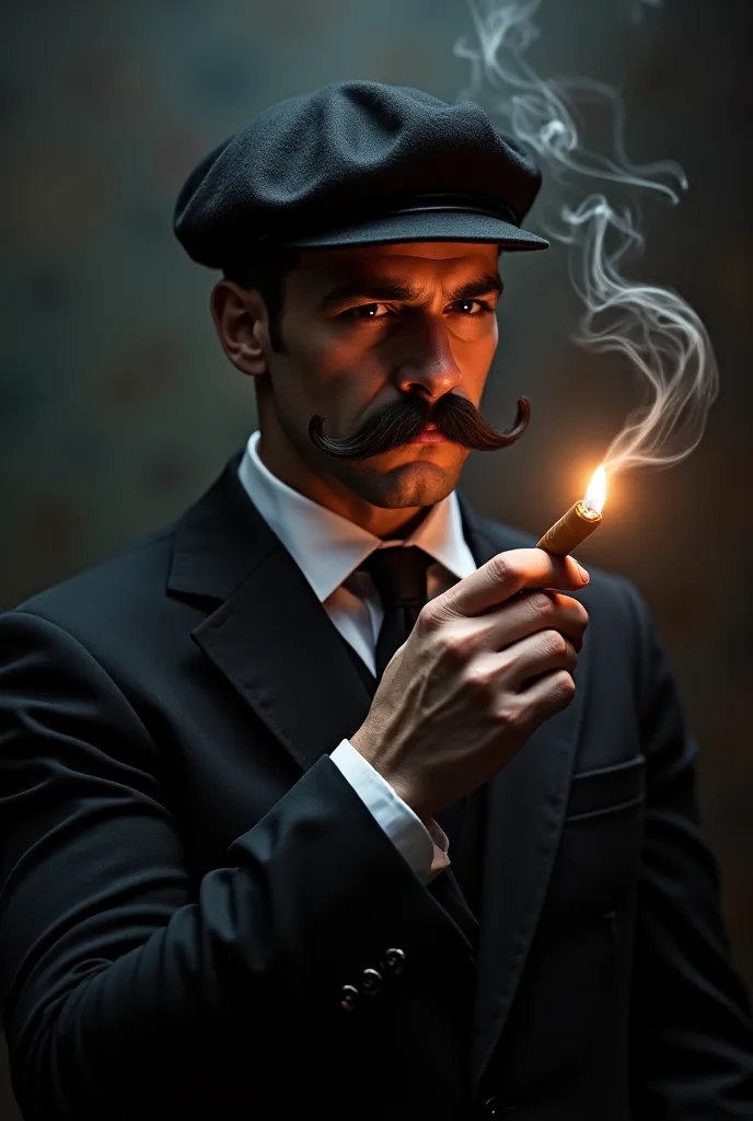 A mafioso man with a thick mustache, flashy, 1920s American Mafia style, with a black beret and smoking a cigar between your fingers, Rising up smoke.